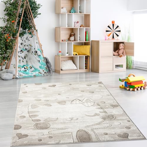 payé Teppich Kinderzimmer 120x160cm - Pastell Beige Creme - Kurzflor Spielteppich mit Einer niedlichen Katze - Motiv von payé