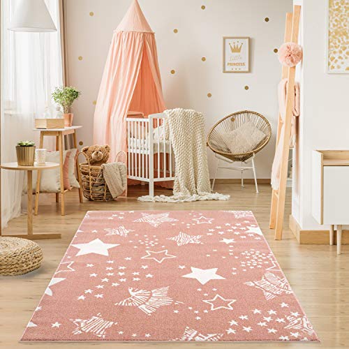 payé Teppich Kinderzimmer - Rosé - 120x160cm - Schöner Spielteppich mit Sternenhimmel Kurzflor Kinderteppich - Oeko-Tex Standard 100 von payé