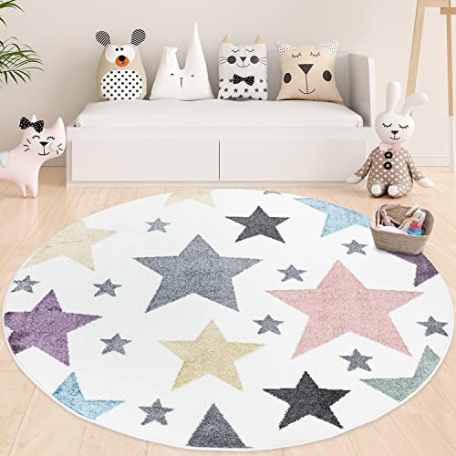 payé Teppich Kinderzimmer Rund - Cream Bunt - 120x120cm - Sterne Sternenteppich in Pastellfarben Spielteppich Kinderteppich Kurzflor Weich von payé