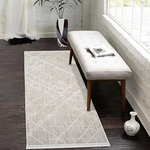 payé Teppich Läufer - 80x150cm - Beige - Rauten Look Meliert - Boho Frasen Teppiche - Wohnteppich Schlafzimmer Deko von payé