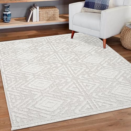 payé Teppich Läufer - 80x150cm - Boho - Beige - 3D-Optik Modern Raute Muster - Frasen-Teppiche - Wohnteppich Deko von payé