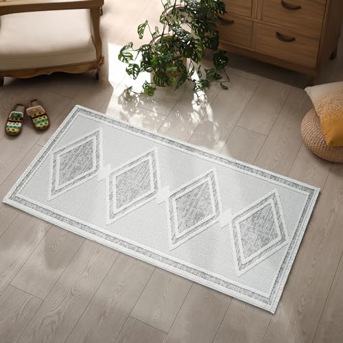 payé Teppich Läufer - 80x150cm - Grau - Boho-Style mit Fransen - Modern Raute Optik - Flachflor Wohnteppich Schlafzimmer Deko von payé