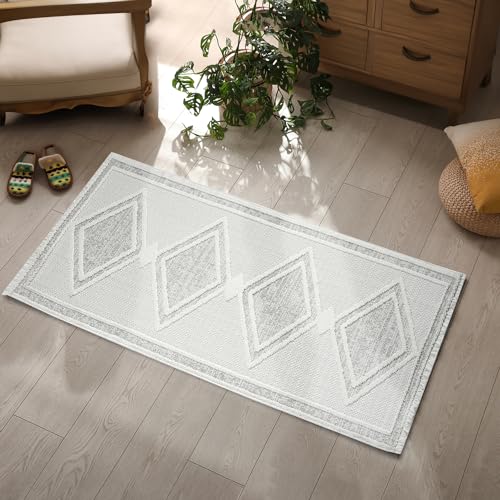 payé Teppich Läufer - 80x300cm - Beige - Boho-Style mit Fransen - Modern Raute Optik - Flachflor Wohnteppich Schlafzimmer Deko von payé