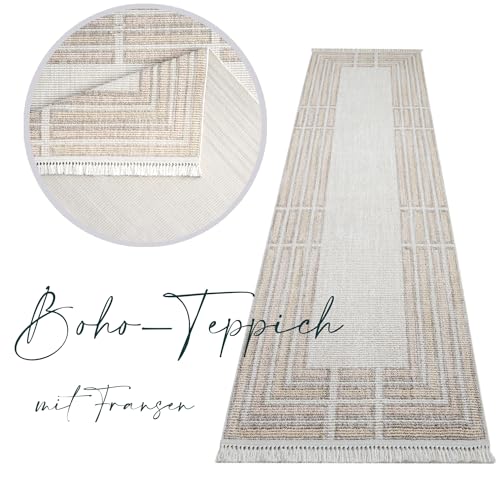 payé Teppich Läufer - 80x300cm - Beige Rosa - Bordüre Muster - Boho Frasen Teppiche - Wohnteppich Deko von payé