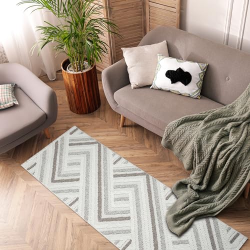 payé Teppich Läufer - 80x300cm - Cream Braun Grau - Boho-Style mit Fransen - Modern Geo Muster - Flachflor Wohnteppich Schlafzimmer Deko von payé