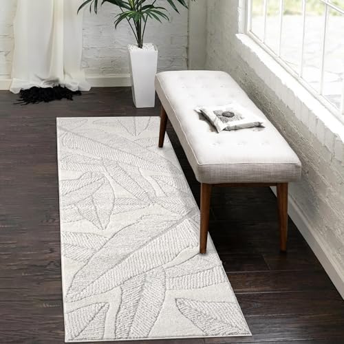 payé Teppich Läufer - 80x300cm Creme-Grau Bodenbelag Hochtief Struktur Flachflor - Florales Muster Boho Design Wohnteppich von payé