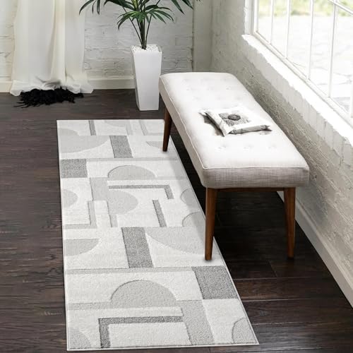 payé Teppich Läufer - 80x300cm Creme-Grau Bodenbelag Hochtief Struktur Flachflor - Geometrische Muster Boho Design Wohnteppich von payé