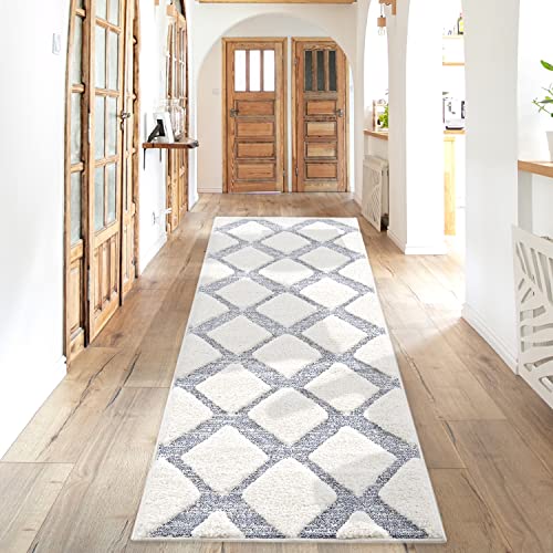 Teppich Läufer - 80x300cm - Hochflor Skandinavisch - Boho - Pastell Creme Grau - Modern Raute Muster - Flauschig Weich - Wohnteppich Schlafzimmer Dekoration von payé