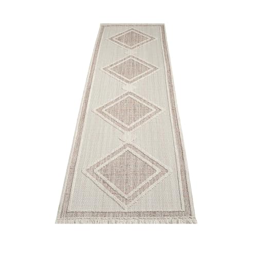 payé Teppich Läufer - 80x300cm - Terra - Boho-Style mit Fransen - Modern Raute Optik - Flachflor Wohnteppich Schlafzimmer Deko von payé