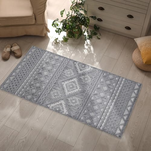 payé Teppich Läufer - Anthrazit Raute Ornamente - 80x250cm - Boho Deko Teppiche für Balkon Terrasse Garten - Indoor Outdoor Schlafzimmer Esszimmer - Hochtief 3D Effekt von payé