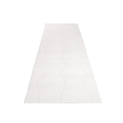 payé Teppich Läufer Flur - 80x150cm - Weiß Einfarbig Wohnzimmer Uni Geometrisch Wellen Muster Modern Deko Teppiche Weich Schlafzimmer von payé