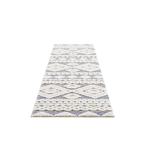 payé Teppich Läufer - Hochflor - Boho - Pastell Cream Grau - 80x300cm - Einfarbig - Modern Raute Meliert Muster - Skandinavisch Flauschig Weich - Wohnteppich Schlafzimmer Dekoration von payé