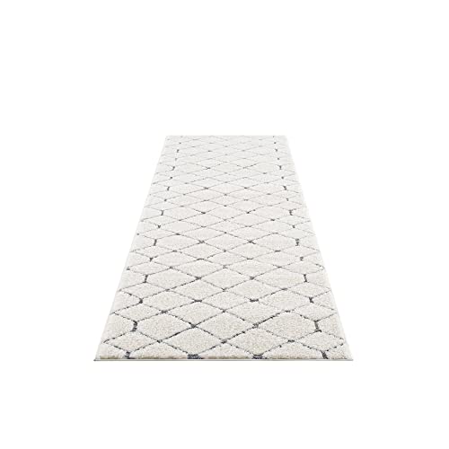 payé Teppich Läufer - Hochflor - Boho - Pastell Creme Grau - 80x300cm - Einfarbig - Modern Raute Muster - Skandinavisch Flauschig Weich - Wohnteppich Schlafzimmer Dekoration von payé