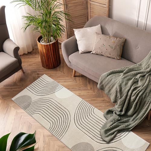 payé Teppich Läufer Kurzflor Beige Braun - 80x150cm - Boho Abstrakt Muster Modern Skandinavisch Wohnteppich Schlafzimmer von payé