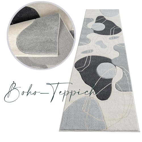 payé Teppich Läufer Kurzflor Beige Grau - 80x300cm - Boho Abstraktes Design Modern Skandinavisch Wohnteppich Schlafzimmer von payé