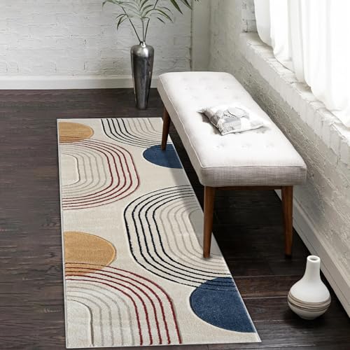 payé Teppich Läufer Kurzflor Beige Multi - 80x300cm - Boho Abstrakt Muster Modern Skandinavisch Wohnteppich Schlafzimmer von payé