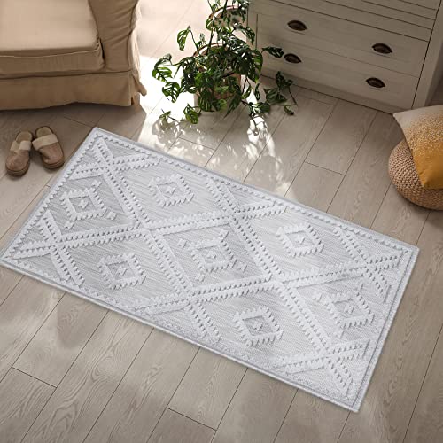 payé Teppich Läufer - Silber Grau - 80x250cm - Boho Deko Teppiche für Balkon Terrasse Garten - Indoor Outdoor Schlafzimmer Esszimmer - Hochtief 3D Effekt von payé