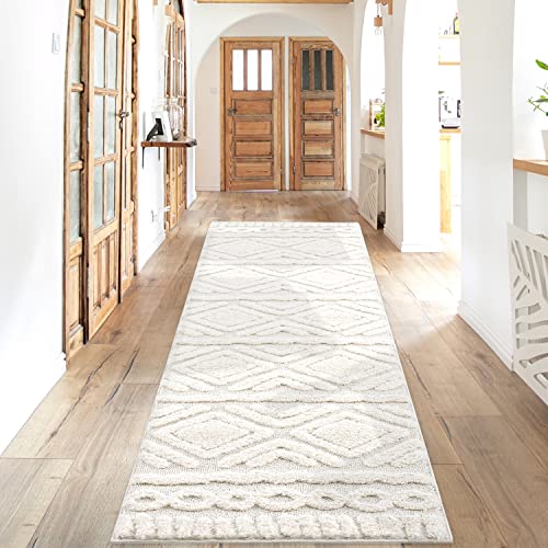 payé Teppich Läufer fürs Flur - 80x300cm - Hochflor - Boho - Pastell Creme - Einfarbig - Modern Raute Ornamente - Skandinavisch Flauschig Weich - Schlafzimmer von payé