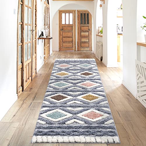 payé Teppich Läufer fürs Flur - 80x300cm - Hochflor - Boho - Pastell Multi - Einfarbig - Modern Raute Ornamente - Skandinavisch Flauschig Weich - Schlafzimmer von payé
