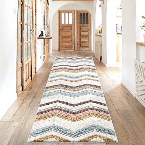 payé Teppich Läufer fürs Flur - 80x300cm - Hochflor - Boho - Pastellfarben - Geometrisch Zick Zack - Muster - Skandinavisch Flauschig Weich - Schlafzimmer von payé