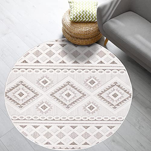 payé Teppich Outdoor Indoor - Rund 120cm - Raute Ornamente Creme Braun Weiß - Boho Design Modern Vintage Teppiche Wohnzimmer für Balkon Terrasse Garten - Hochtief 3D Effekt von payé