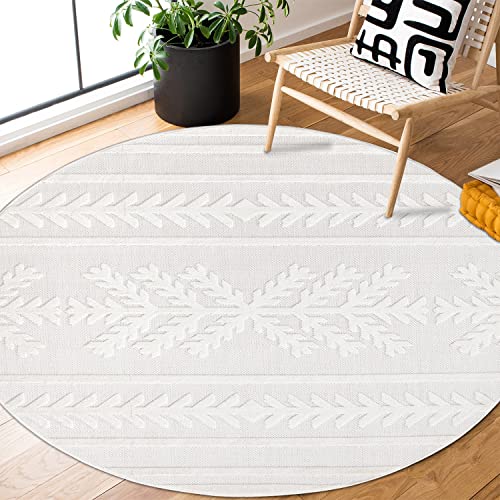 payé Teppich Outdoor Indoor - Rund 200cm - Ethno Creme Weiß - Boho Design Modern Vintage Teppiche Wohnzimmer für Balkon Terrasse Garten - Hochtief 3D Effekt von payé