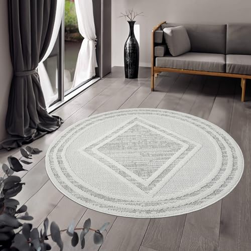 payé Teppich Rund - 120x120cm - Beige - Boho Style - Modern Raute Optik - Flachflor Wohnteppich Schlafzimmer Deko von payé