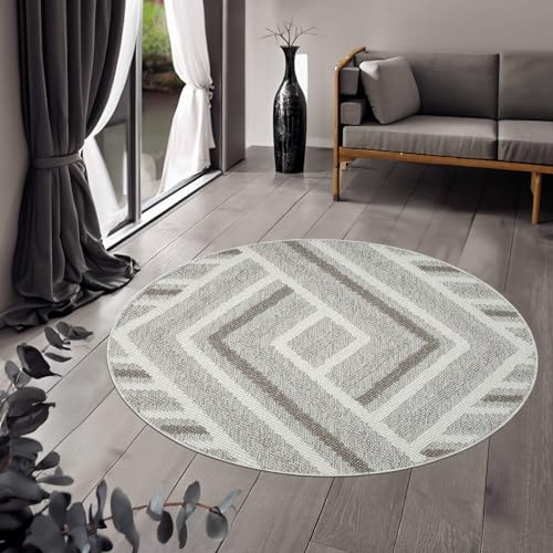 payé Teppich Rund - 120x120cm - Beige Braun Grau - Boho-Style - Modern Geo Muster - Flachflor Wohnteppich Schlafzimmer Deko von payé