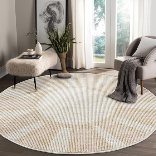 payé Teppich Rund - 120x120cm - Beige Rosa - Sonnen Muster - Boho Frasen Teppiche - Wohnteppich Deko von payé