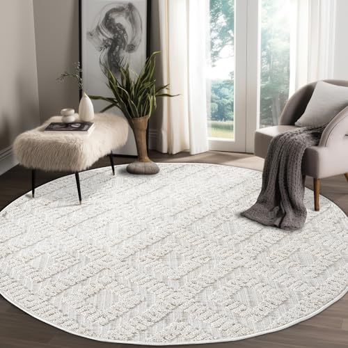 payé Teppich Rund - 120x120cm - Boho - Beige - 3D-Optik Modern Raute Muster - Frasen-Teppiche - Wohnteppich Deko von payé