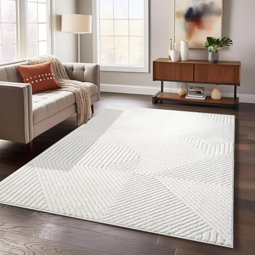 payé Teppich Rund 120x120cm - Creme-Grau Raute Muster Boho Design Flachflor Hochtief Struktur Bodenbelag Deko von payé