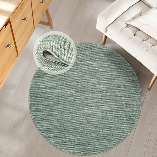 payé Teppich Rund - 160x160cm - Grün Weiß - Boho Style - Modern - Flachflor Wohnteppich Schlafzimmer Deko von payé