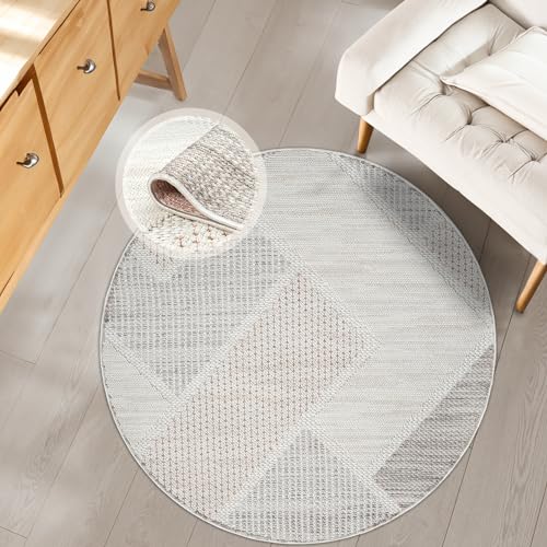 payé Teppich Rund - 200x200cm - Beige Terra - Boho Style - Geometrische Muster - Flachflor Wohnteppich Schlafzimmer Deko von payé