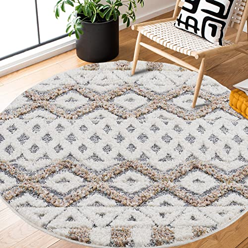 payé Teppich Rund - Hochflor - 160x160cm - Ethno - Skandinavisch - Pastell Cream Multi - Modern Raute Muster - Flauschig - Wohnteppich Schlafzimmer Dekoration von payé