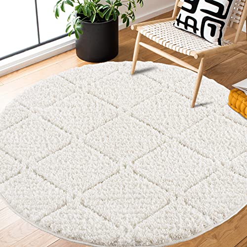 payé Teppich Rund - Hochflor - Boho - Cream - 160x160cm - Einfarbig - Modern Raute Meliert Muster - Skandinavisch Flauschig Weich - Wohnteppich Schlafzimmer Dekoration von payé