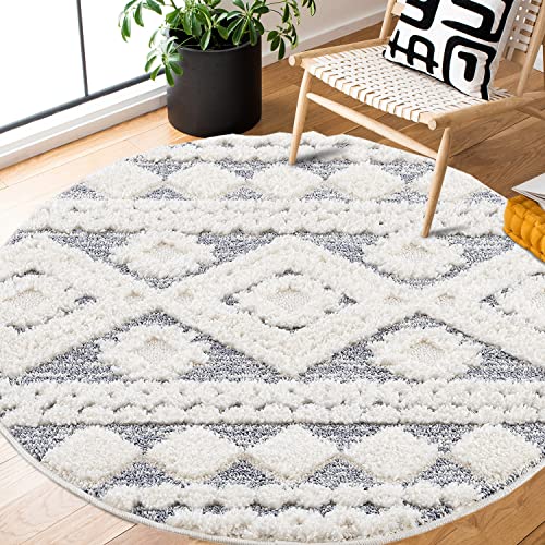 Teppich Rund - Hochflor - Boho - Pastell Cream Grau - 200x200cm - Einfarbig - Modern Raute Meliert Muster - Skandinavisch Flauschig Weich - Wohnteppich Schlafzimmer Dekoration von payé