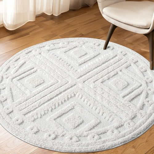 payé Teppich Rund - Hochflor - Boho - Pastell Creme - 120x120cm - Einfarbig - Modern Raute Muster- Skandinavisch Flauschig Weich - Wohnteppich Schlafzimmer Dekoration von payé