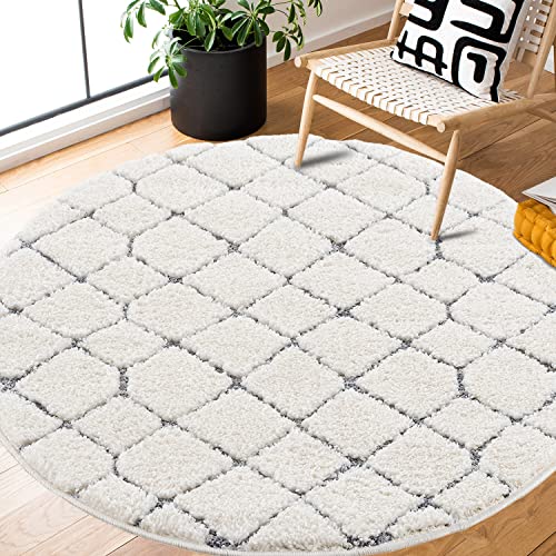 Teppich Rund - Hochflor - Boho - Pastell Creme Grau - 200x200cm - Modern Raute Muster - Skandinavisch Flauschig Weich - Wohnteppich Schlafzimmer Dekoration von payé