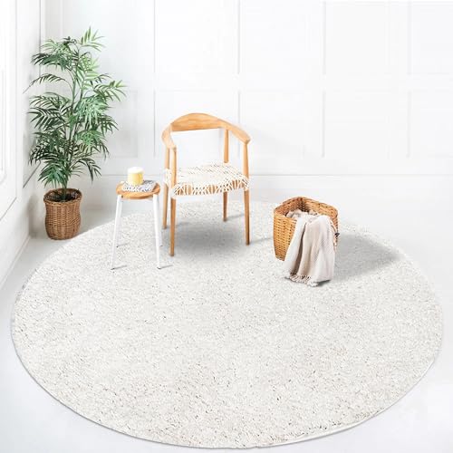 payé Teppich Rund Hochflor Shaggy - 120x120cm - Creme Einfarbig Uni Flauschig Modern Boho Wohnzimmer Schlafzimmer Deko Teppiche Weich Schlafzimmer von payé