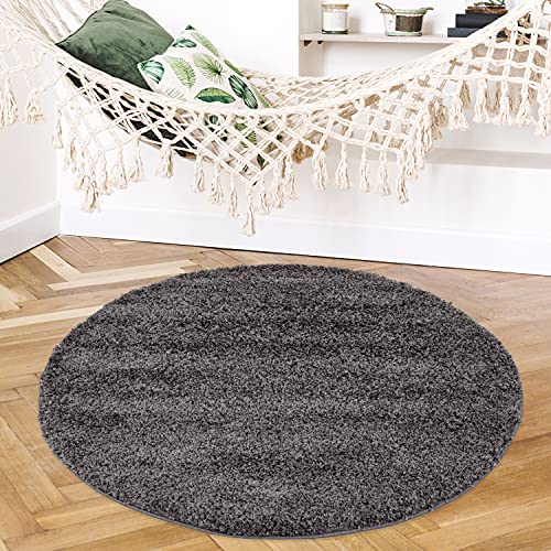 payé Teppich Rund Hochflor Shaggy - 120x120cm - Dunkelgrau - fürs Wohnzimmer - weich Langflor - Schlafzimmer Bettvorleger Kinderzimmer - Dekoration von payé