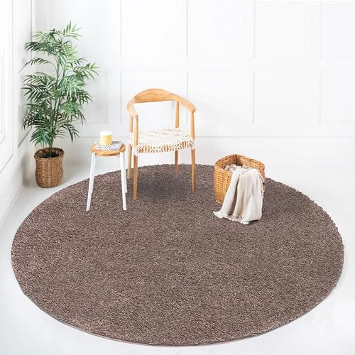 payé Teppich Rund Hochflor Shaggy - 200x200cm - Braun Einfarbig Uni Flauschig Modern Boho Wohnzimmer Schlafzimmer Deko Teppiche Weich Schlafzimmer von payé