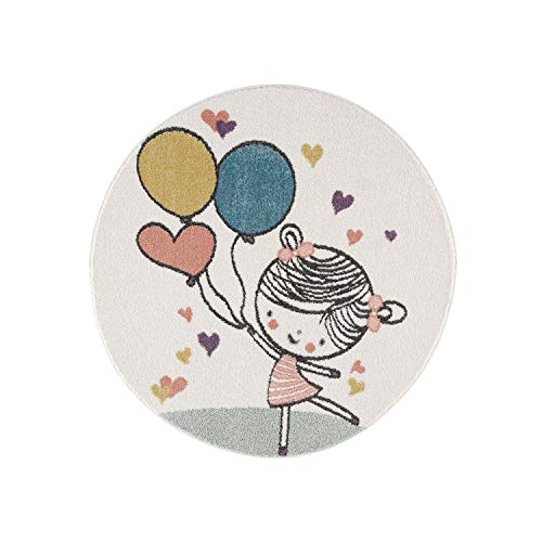 payé Teppich Rund Kinderzimmer - Cream - 120x120 cm - Spielteppich Luftballon Herz fröhliches Mädchen Kurzflor Kinderteppich - Oeko-Tex Standard 100 von payé