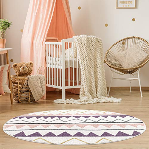 payé Teppich Rund Kinderzimmer - Cream - 160x160 cm - Abstrakt Berge - Geometrisch Dreieck- Kurzflor Kinderteppich Spielteppich - Oeko-Tex Standard 100 von payé