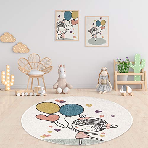 payé Teppich Rund Kinderzimmer - Cream - 160x160cm - Spielteppich Luftballon Herz fröhliches Mädchen Kurzflor Kinderteppich - Oeko-Tex Standard 100 von payé