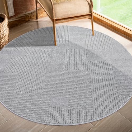 payé Teppich Rund Kurzflor Grau 160x160cm Geometrisch Gestreifte Muster mit Hoch-Tief-Effekt, 3D Effekt, Weich von payé