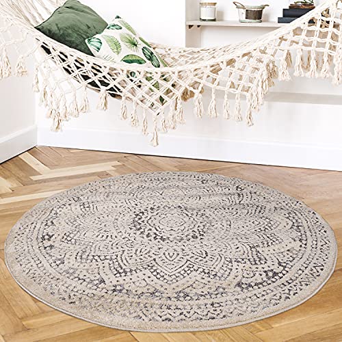 payé Teppich Rund Wohnzimmer - Beige Grau - 160x160cm Mandala Deko Boho Kurzflor Schlafzimmer Dekoration Läufer - Orientalische Teppiche von payé