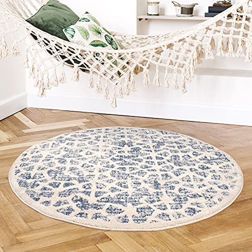 payé Teppich Rund Wohnzimmer - Blau Cream- 160x160cm - Kurzflor Modern Deko Boho Schlafzimmer Flur Dekoration - Skandinavische Teppiche von payé