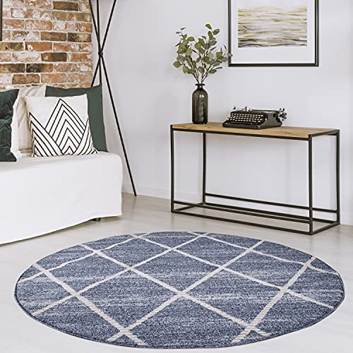 payé Teppich Rund Wohnzimmer Kurzflor - Blau Cream- 120x120cm - Modern Rauten Muster Deko Boho Stil Schlafzimmer Flur Dekoration - Skandinavische Teppiche von payé