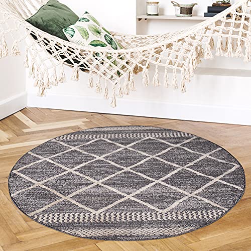 payé Teppich Rund - Wohnzimmer Kurzflor - Grau- 200x200cm - Modern Rautenmuster Deko Boho Stil Schlafzimmer Flur Dekoration - Skandinavische Teppiche von payé