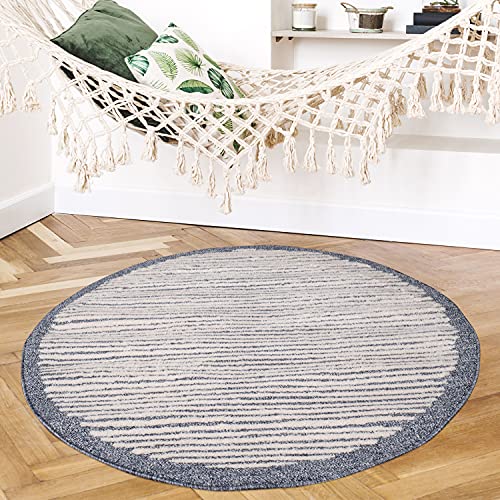 payé Teppich Rund - Blau Cream-Streifen - 160x160cm Kurzflor Modern Dekoration fürs Wohnzimmer Schlafzimmer Skandinavische Teppiche von payé